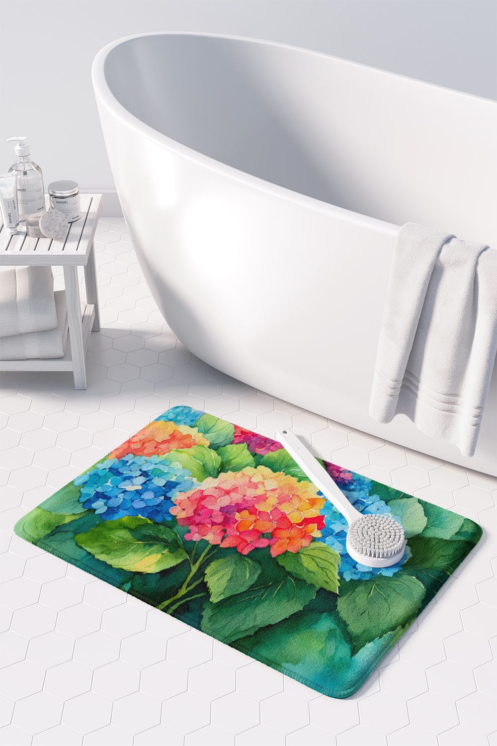 Hydrangeas in Watercolor Memory Foam Kitchen Mat Machine Washable Anti-Fatigue Mat Cushion Comfort Bath Mat or Kitchen Rug
