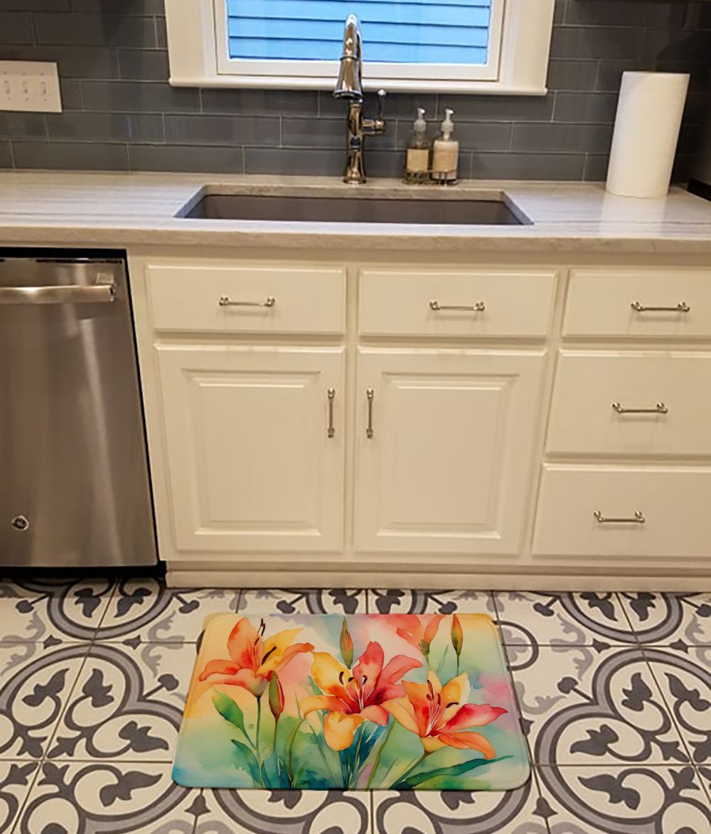 Lilies in Watercolor Memory Foam Kitchen Mat Machine Washable Anti-Fatigue Mat Cushion Comfort Bath Mat or Kitchen Rug