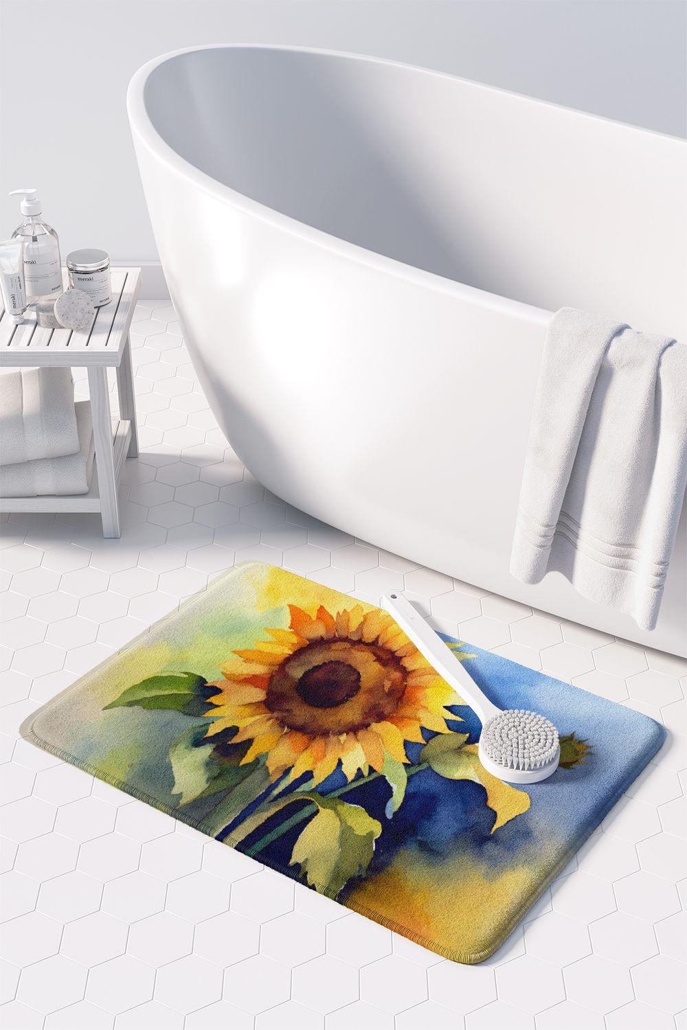 Sunflowers in Watercolor Memory Foam Kitchen Mat Machine Washable Anti-Fatigue Mat Cushion Comfort Bath Mat or Kitchen Rug