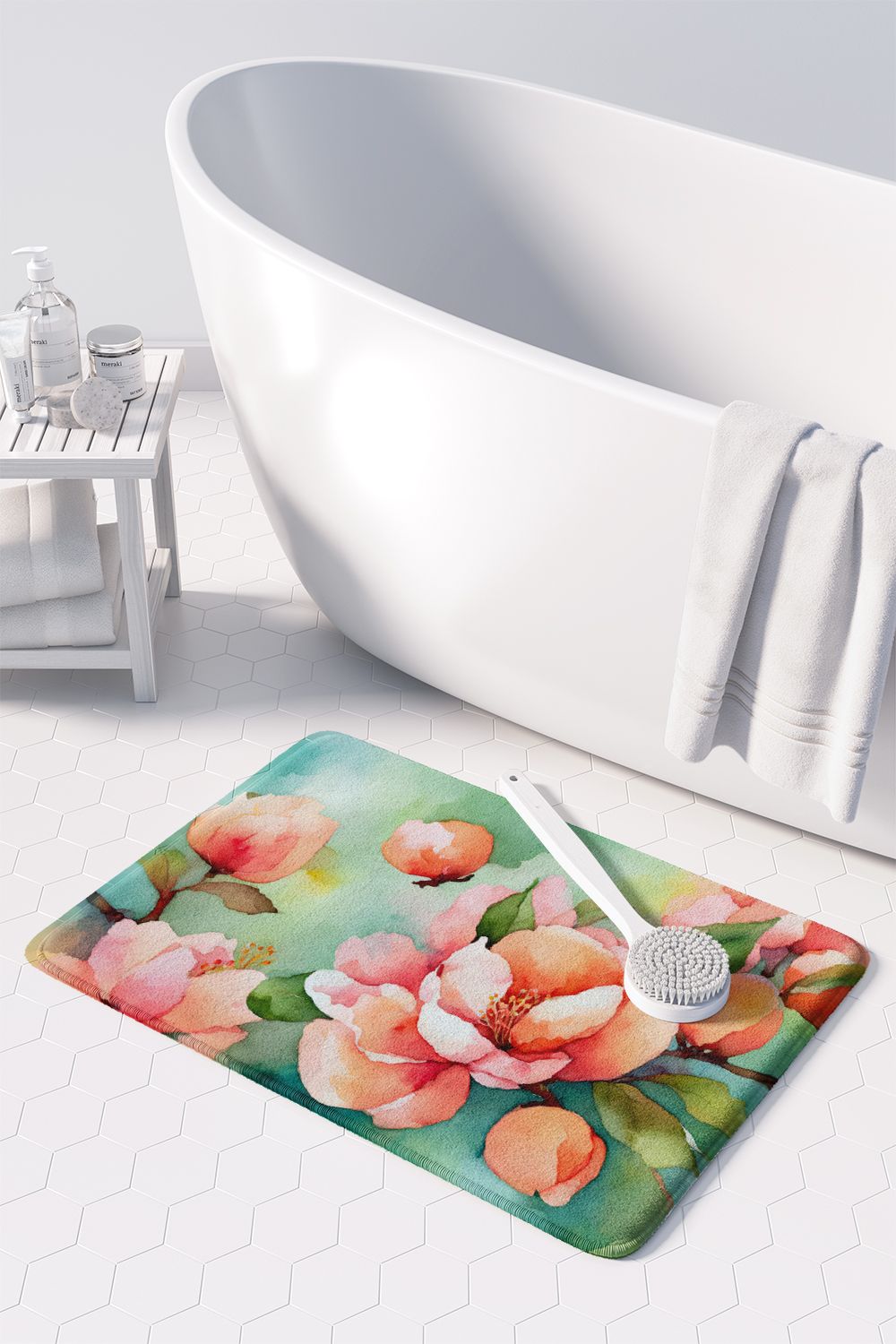 Delaware Peach Blossom in Watercolor Memory Foam Kitchen Mat Machine Washable Anti-Fatigue Mat Cushion Comfort Bath Mat or Kitchen Rug