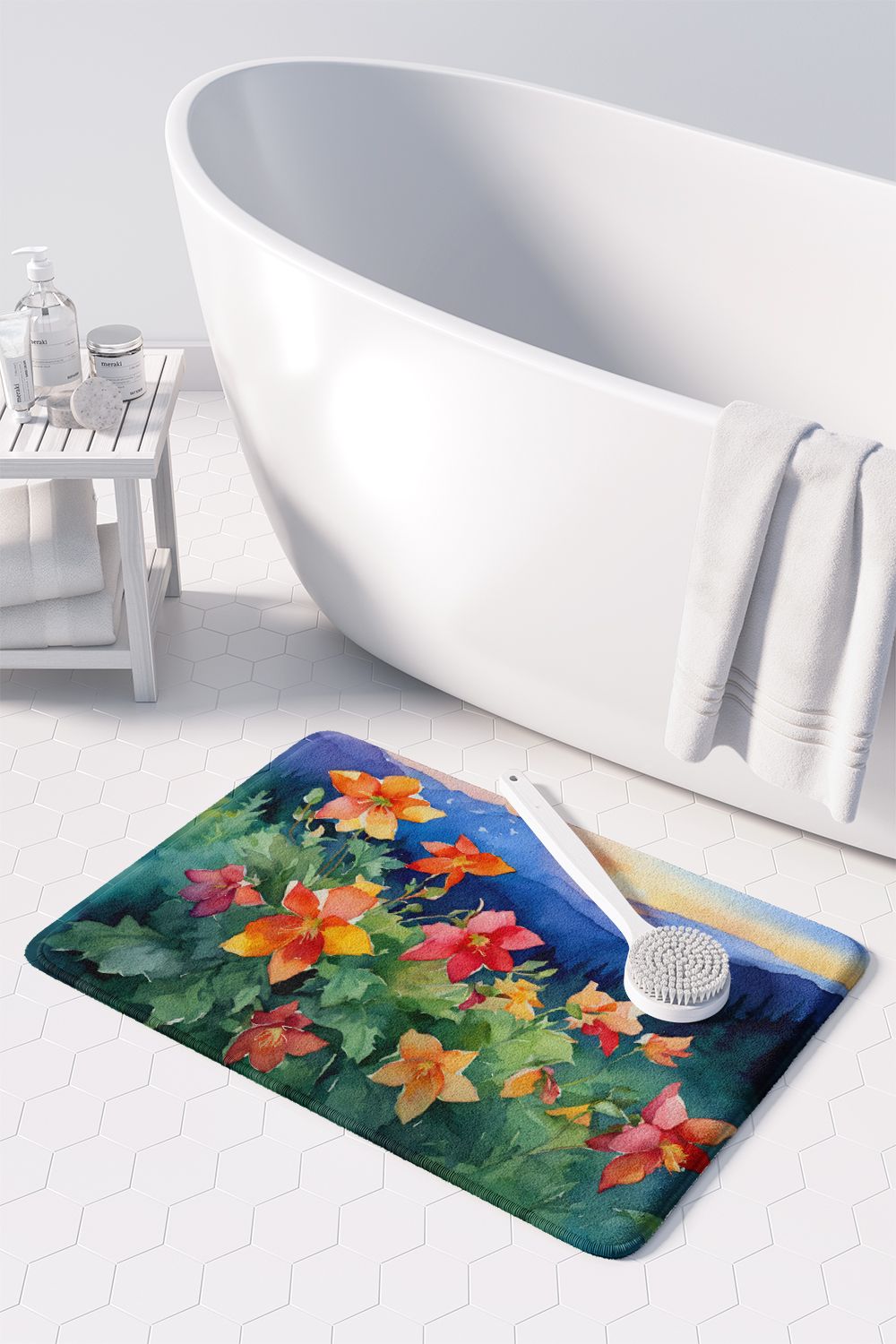 Colorado Rocky Mountain Columbine in Watercolor Memory Foam Kitchen Mat Machine Washable Anti-Fatigue Mat Cushion Comfort Bath Mat or Kitchen Rug