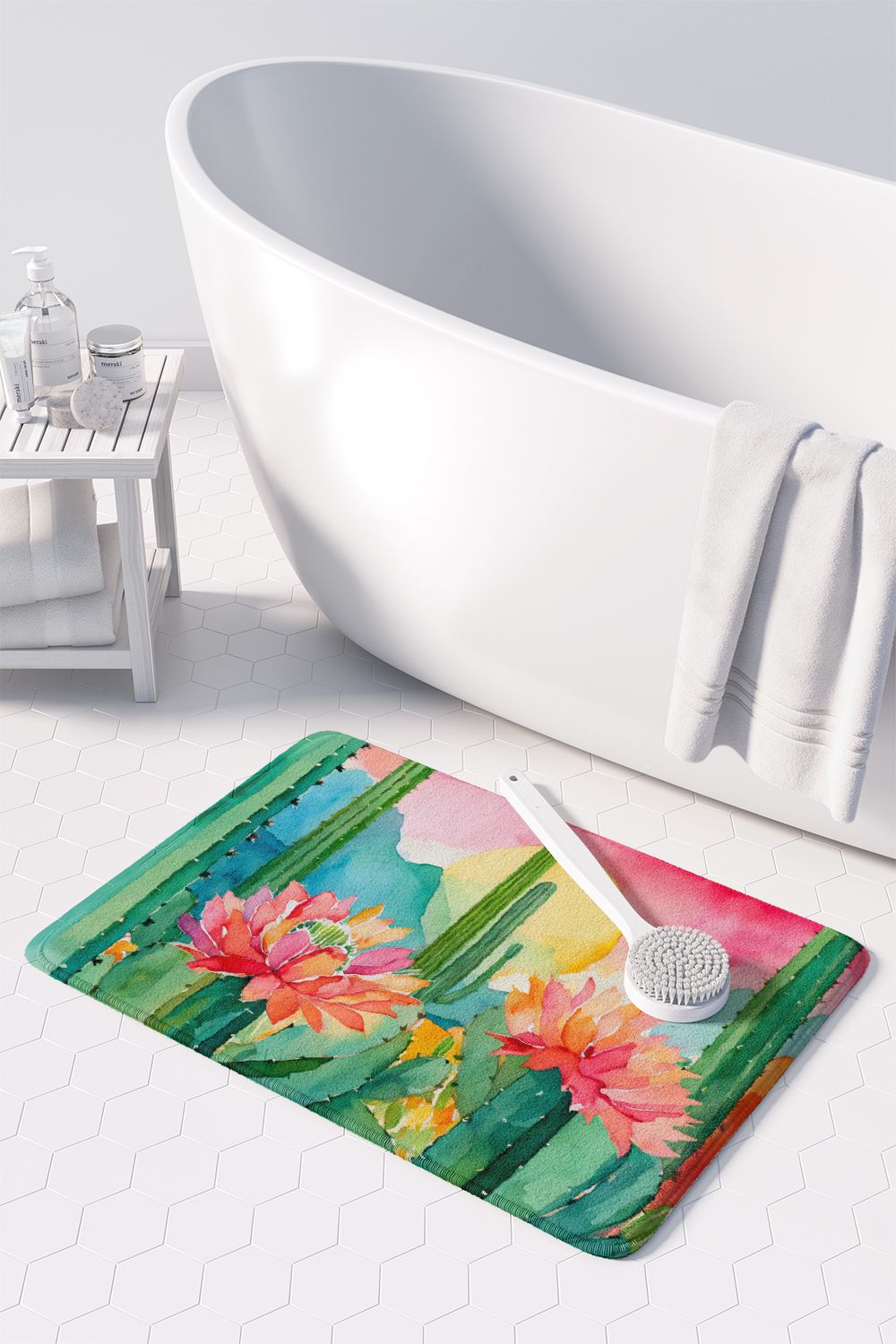Arizona Saguaro Cactus Blossom in Watercolor Memory Foam Kitchen Mat Machine Washable Anti-Fatigue Mat Cushion Comfort Bath Mat or Kitchen Rug