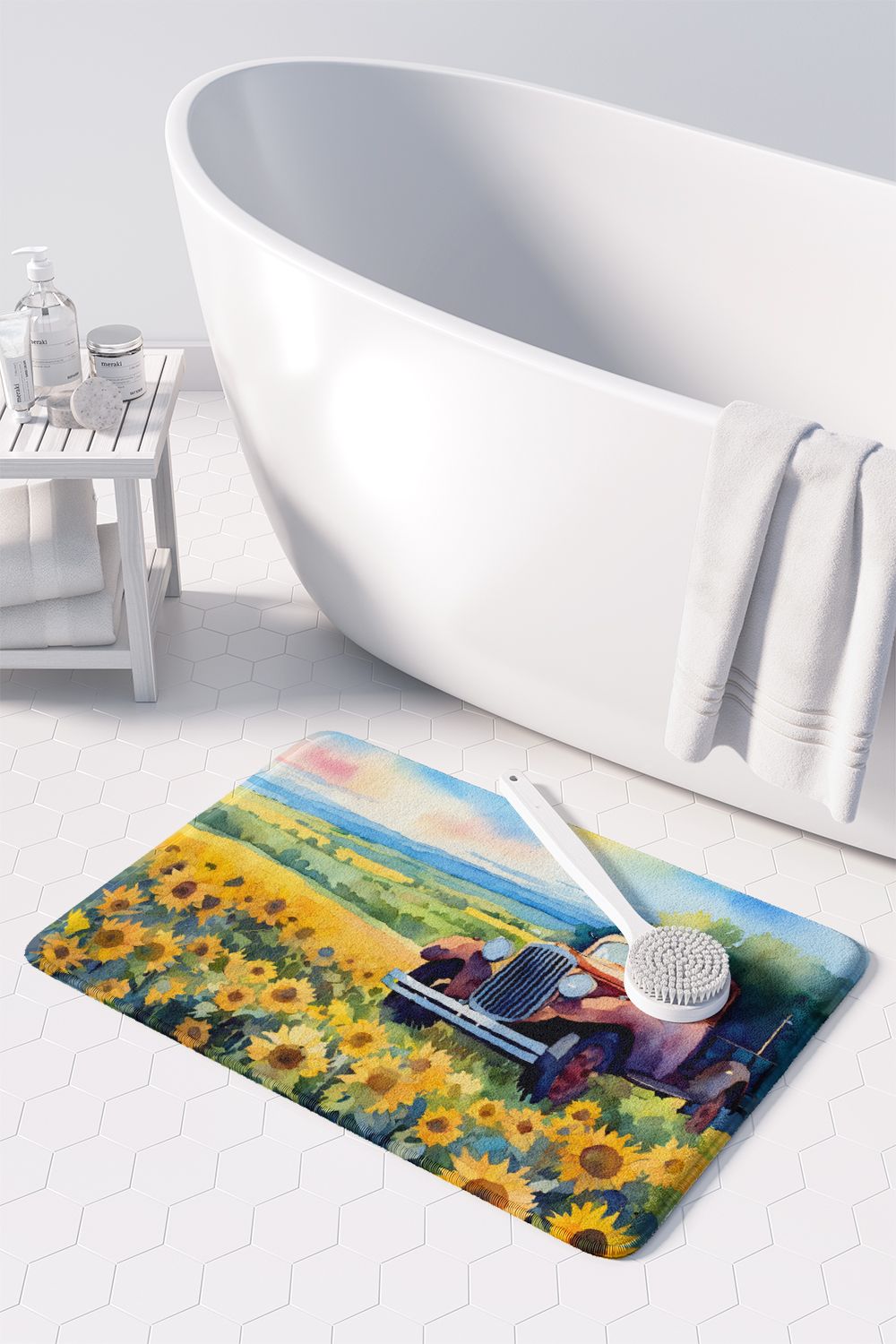 Kansas Sunflowers in Watercolor Memory Foam Kitchen Mat Machine Washable Anti-Fatigue Mat Cushion Comfort Bath Mat or Kitchen Rug