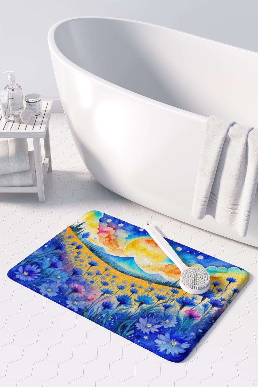 Blue Cornflowers in Color Memory Foam Kitchen Mat Machine Washable Anti-Fatigue Mat Cushion Comfort Bath Mat or Kitchen Rug