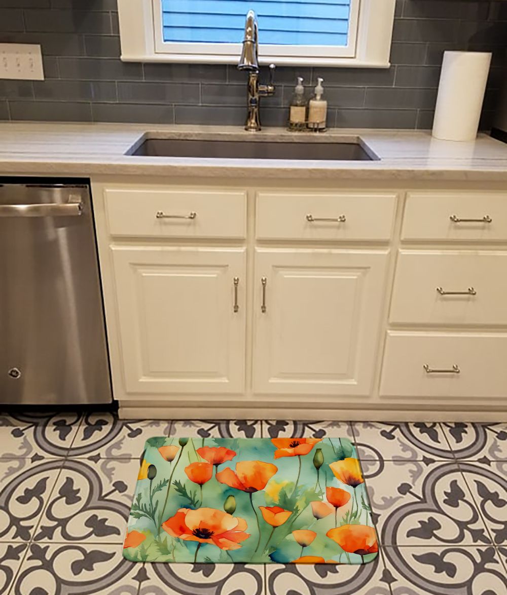 California California Poppies in Watercolor Memory Foam Kitchen Mat Machine Washable Anti-Fatigue Mat Cushion Comfort Bath Mat or Kitchen Rug