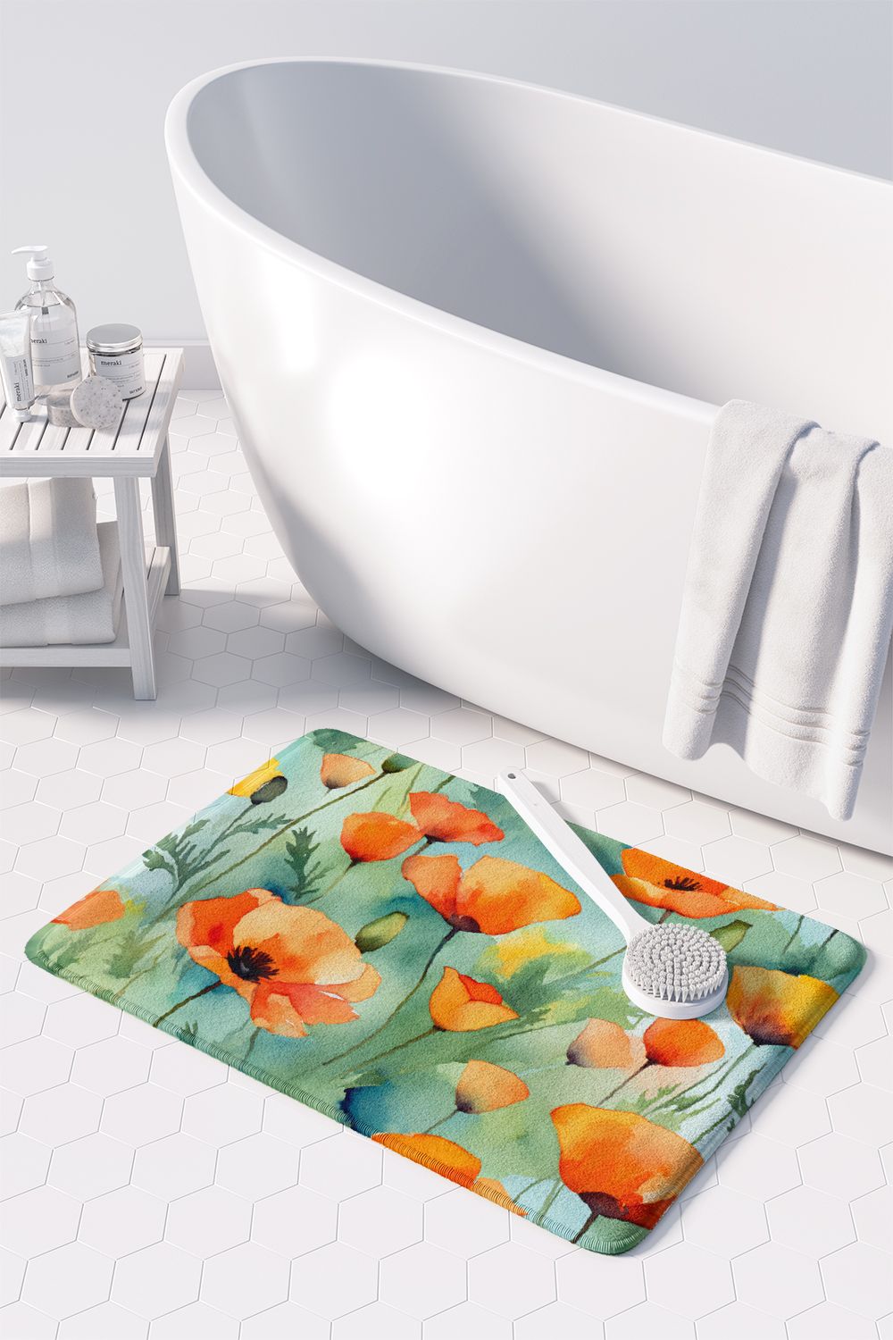 California California Poppies in Watercolor Memory Foam Kitchen Mat Machine Washable Anti-Fatigue Mat Cushion Comfort Bath Mat or Kitchen Rug