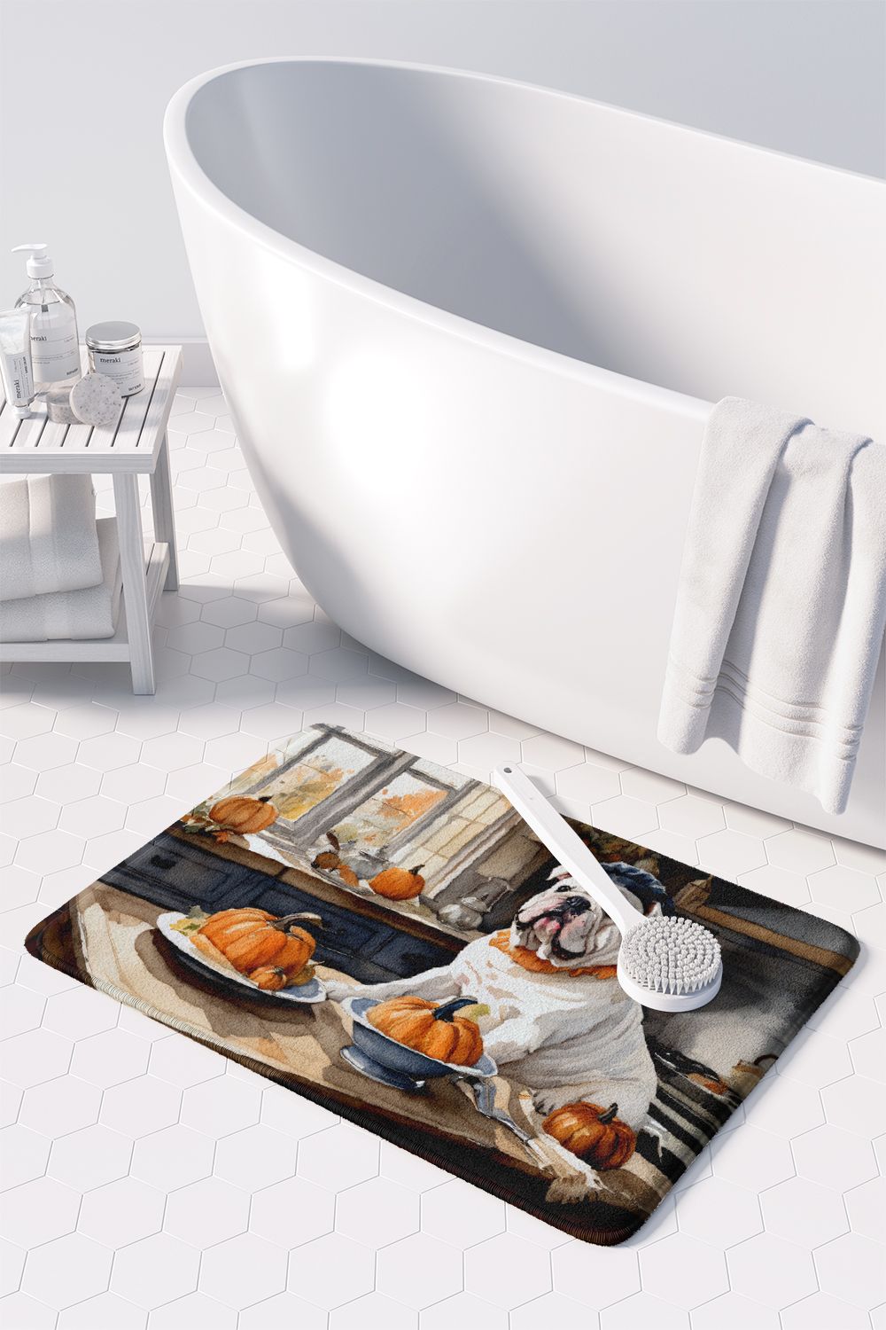 English Bulldog Fall Kitchen Pumpkins Memory Foam Kitchen Mat Machine Washable Anti-Fatigue Mat Cushion Comfort Bath Mat or Kitchen Rug