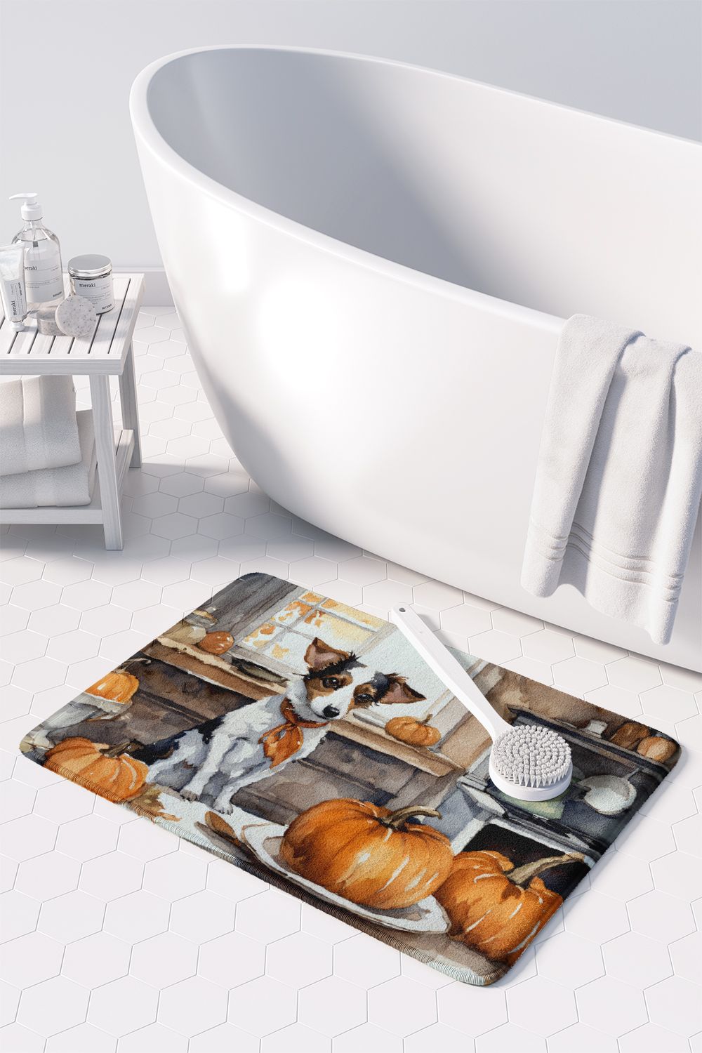 Jack Russell Terrier Fall Kitchen Pumpkins Memory Foam Kitchen Mat Machine Washable Anti-Fatigue Mat Cushion Comfort Bath Mat or Kitchen Rug