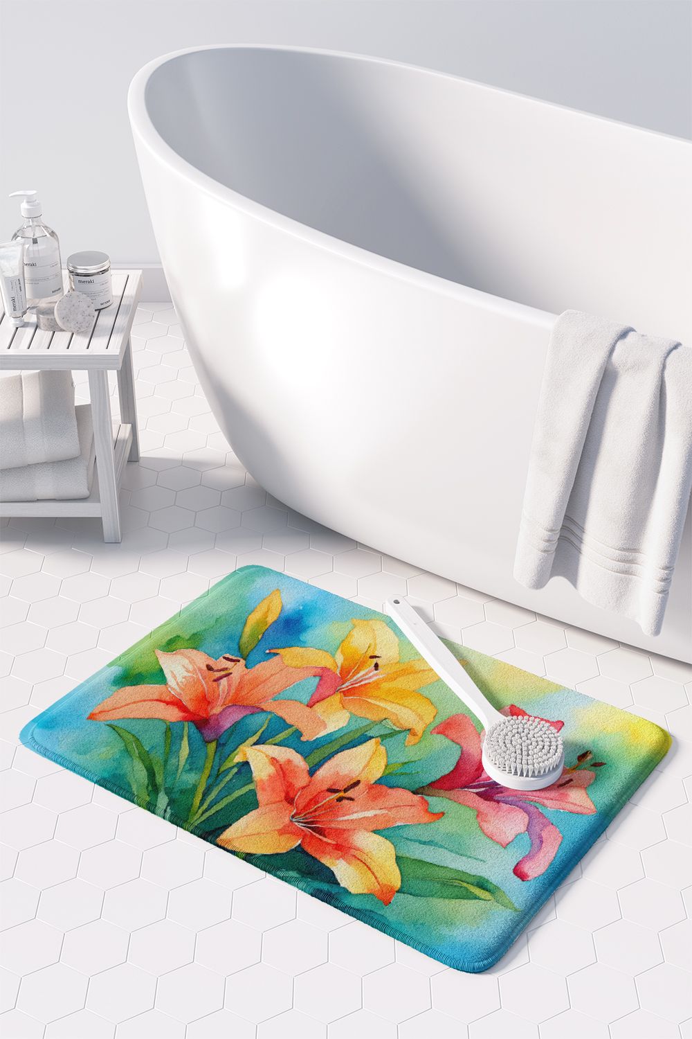 Lilies in Watercolor Memory Foam Kitchen Mat Machine Washable Anti-Fatigue Mat Cushion Comfort Bath Mat or Kitchen Rug