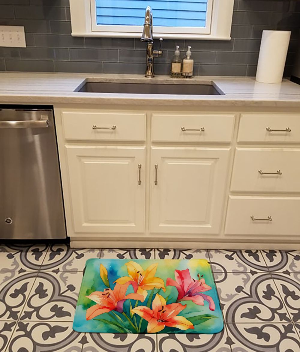 Lilies in Watercolor Memory Foam Kitchen Mat Machine Washable Anti-Fatigue Mat Cushion Comfort Bath Mat or Kitchen Rug