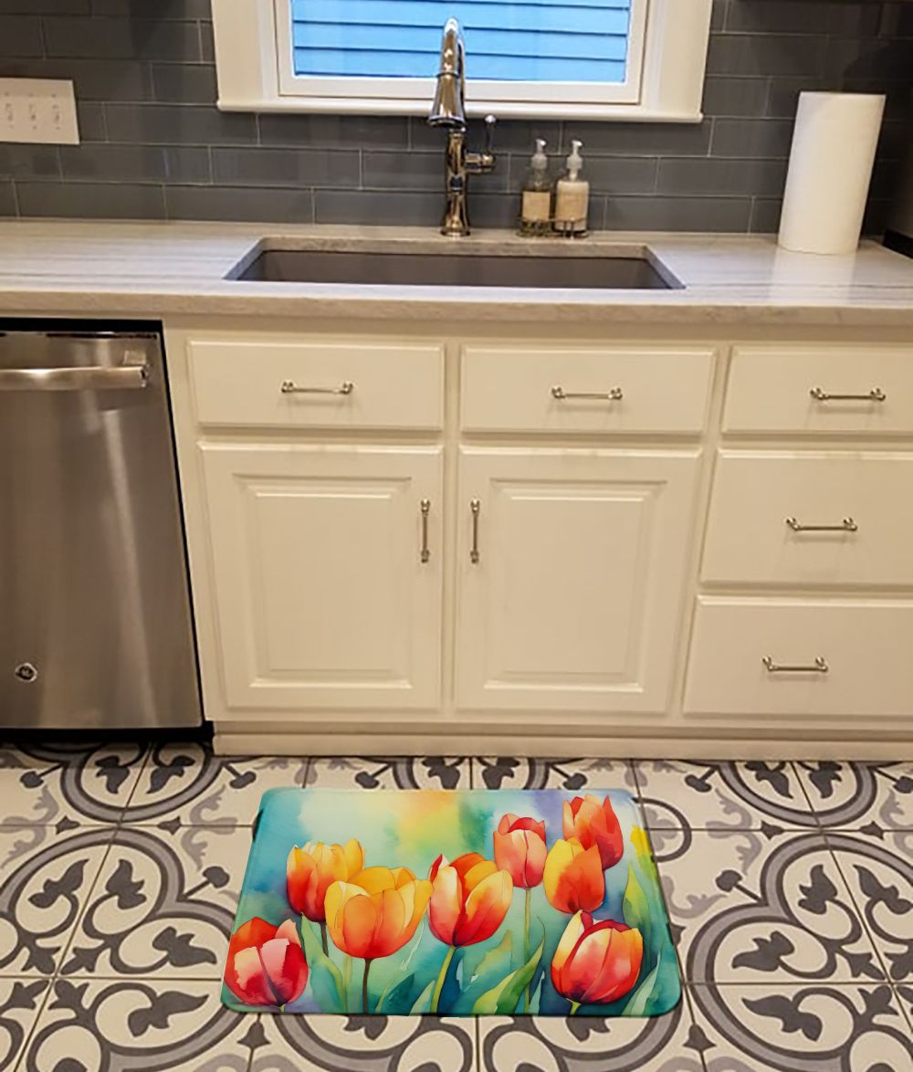Tulips in Watercolor Memory Foam Kitchen Mat Machine Washable Anti-Fatigue Mat Cushion Comfort Bath Mat or Kitchen Rug