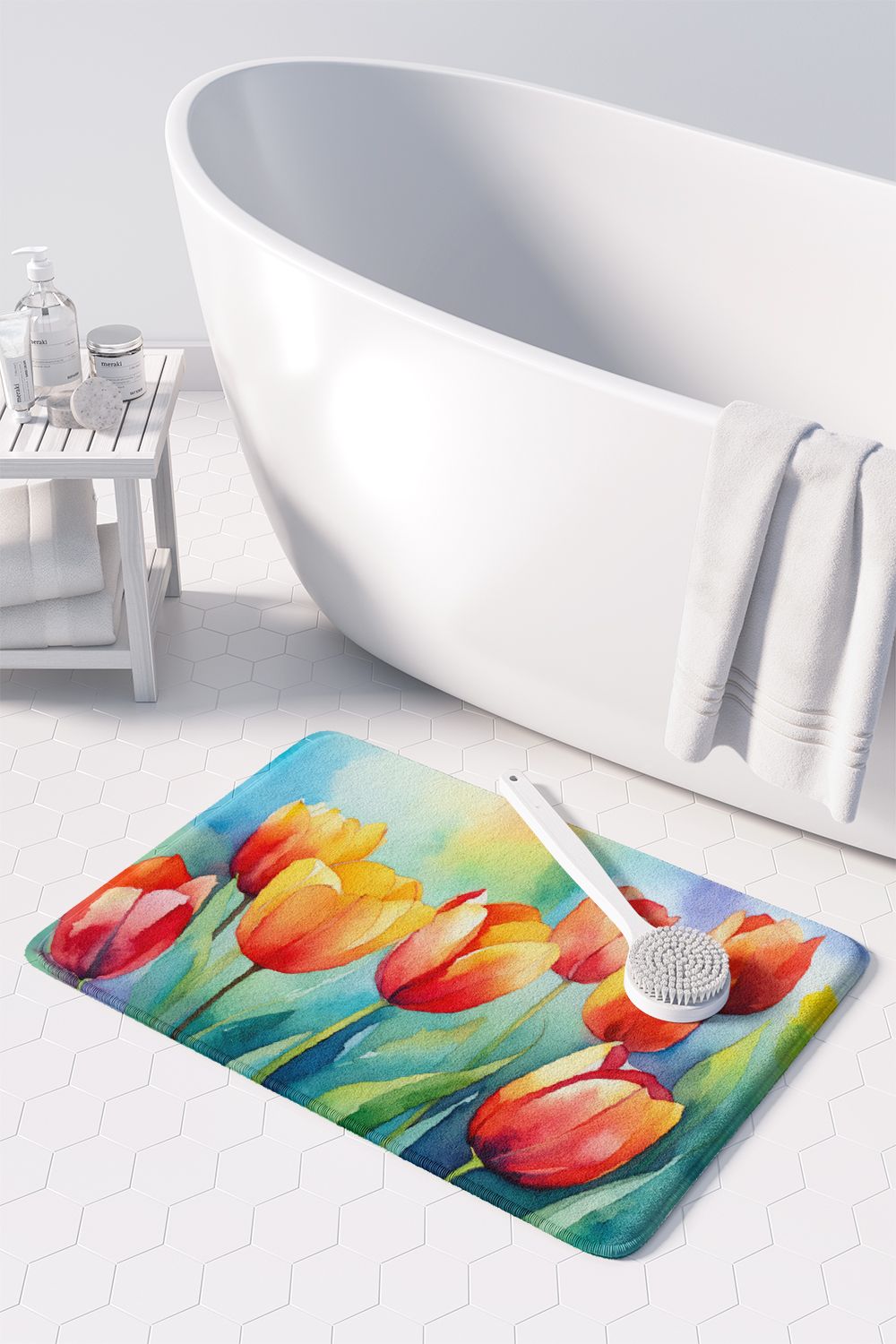Tulips in Watercolor Memory Foam Kitchen Mat Machine Washable Anti-Fatigue Mat Cushion Comfort Bath Mat or Kitchen Rug