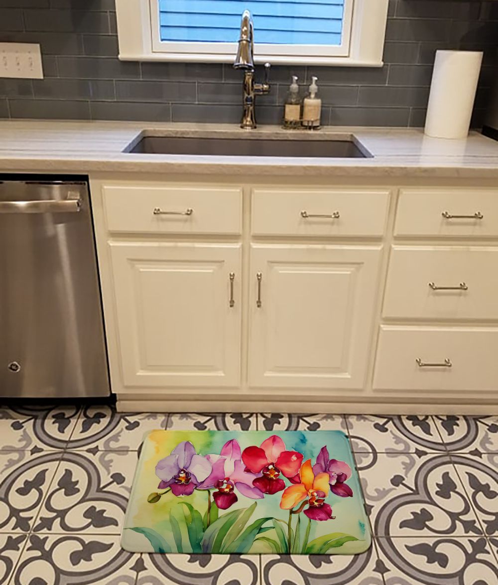 Orchids in Watercolor Memory Foam Kitchen Mat Machine Washable Anti-Fatigue Mat Cushion Comfort Bath Mat or Kitchen Rug