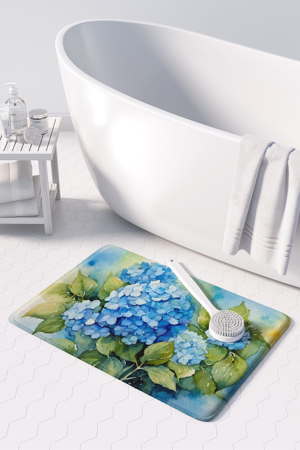Hydrangeas in Watercolor Memory Foam Kitchen Mat Machine Washable Anti-Fatigue Mat Cushion Comfort Bath Mat or Kitchen Rug
