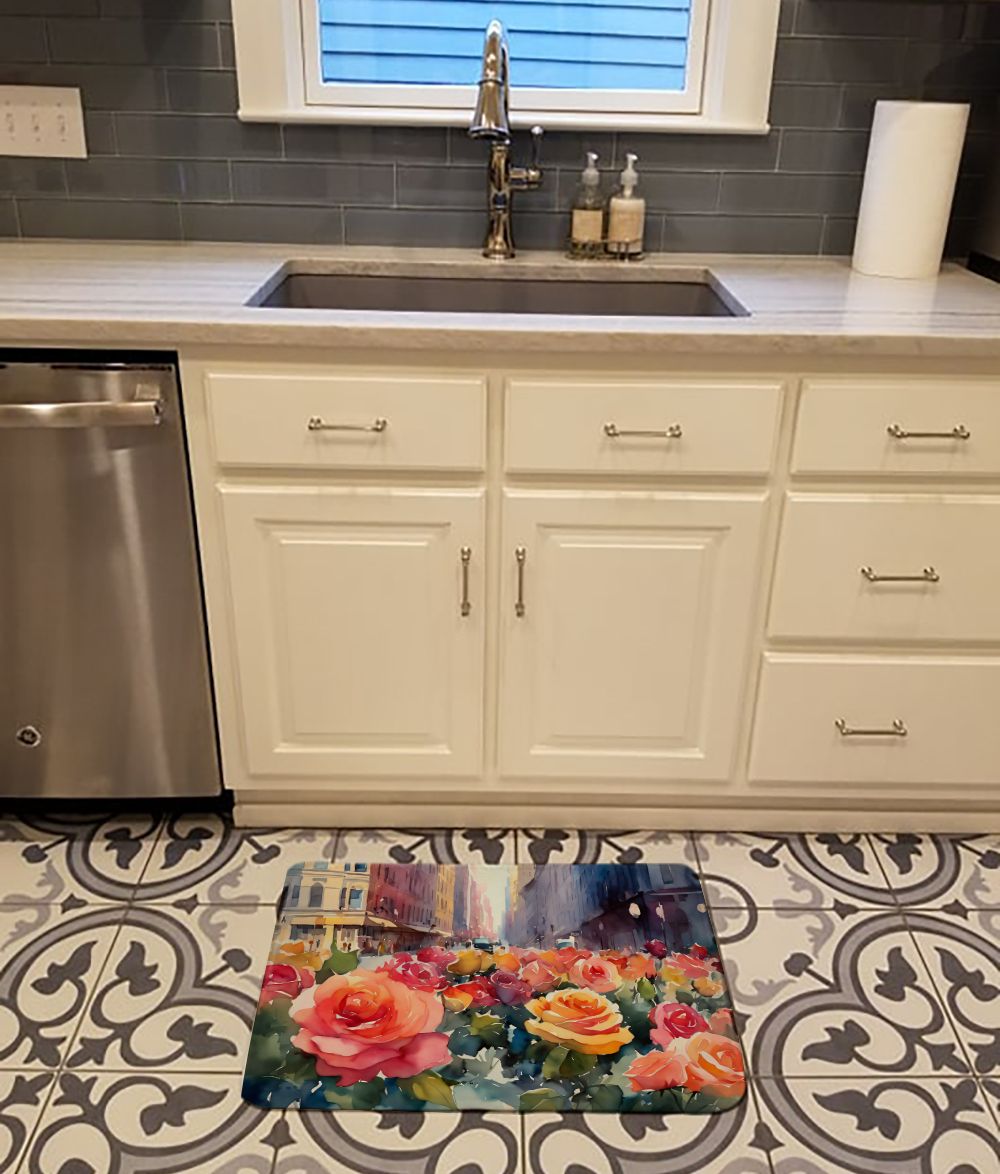 New York Roses in Watercolor Memory Foam Kitchen Mat Machine Washable Anti-Fatigue Mat Cushion Comfort Bath Mat or Kitchen Rug