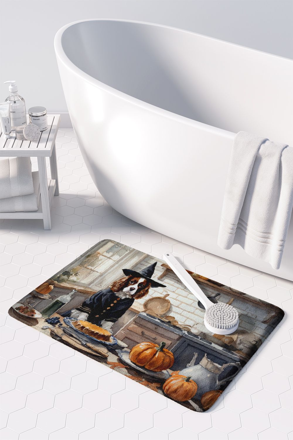 Cavalier Spaniel Fall Kitchen Pumpkins Memory Foam Kitchen Mat Machine Washable Anti-Fatigue Mat Cushion Comfort Bath Mat or Kitchen Rug