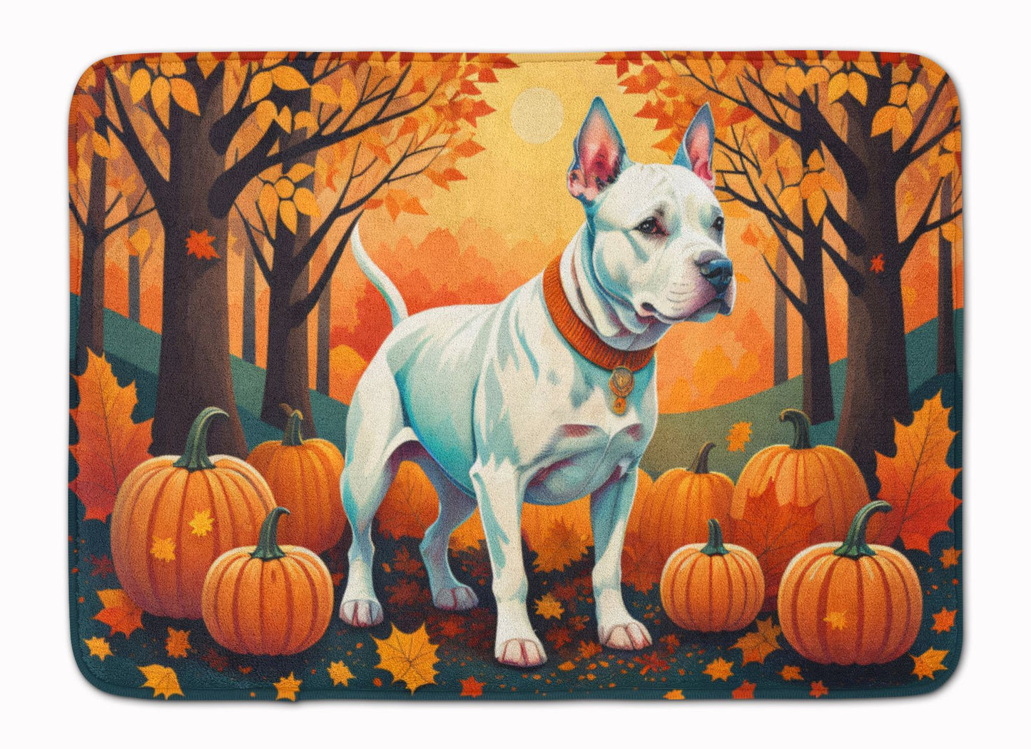 White Pit Bull Terrier Fall Memory Foam Kitchen Mat Machine Washable Anti-Fatigue Mat Cushion Comfort Bath Mat or Kitchen Rug
